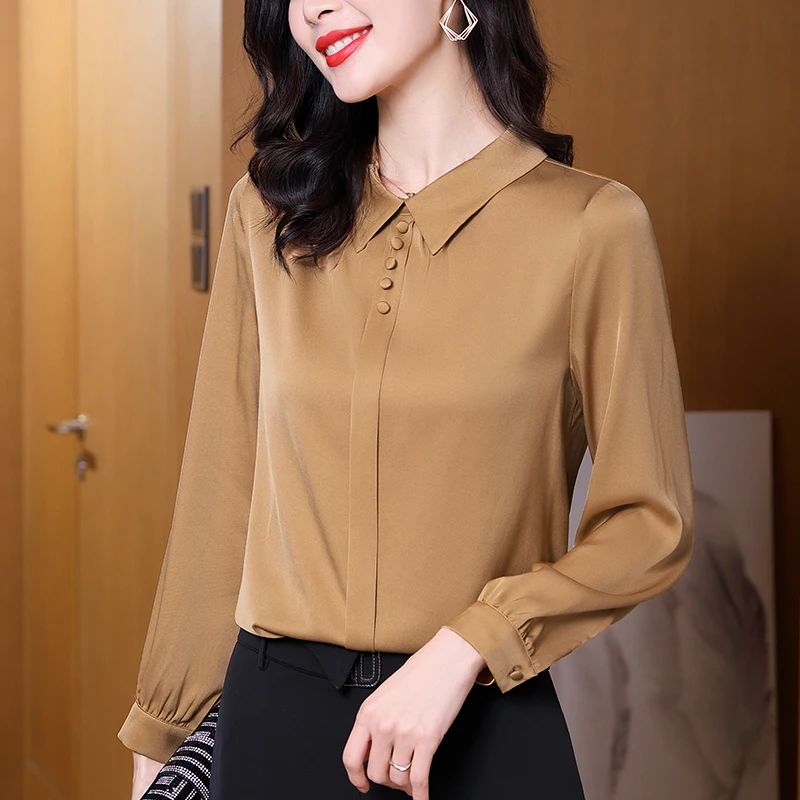 

Новые женские рубашки и блузки для весны и осени: элегантные, с длинным рукавом, отложным воротником, из натурального шелка, однотонные топы