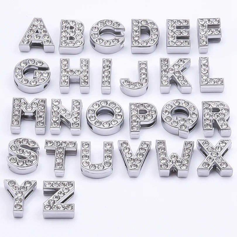 26Pcs/Lot 8mm DIY Initial Letter A-Z Slide Charms Crystal Word English Alphabet Breloques Fit Belt Pet Collar Bracelet Jewelry