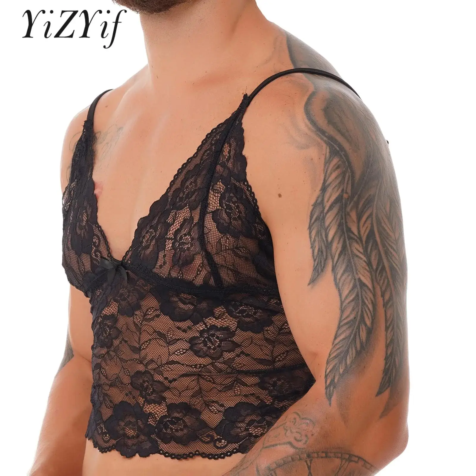 

Men Bras Sissy Lingerie Crossdresser Costume Sexy Floral Lace Vest Crop Top Sheer Lingerie Deep V Neck Camisole Night Club Wear