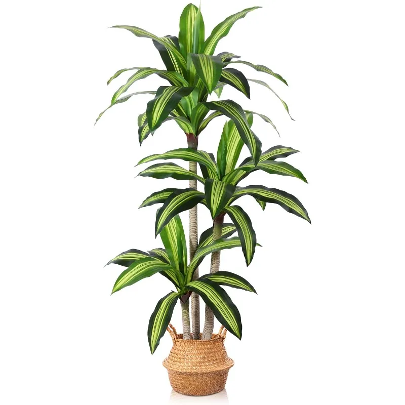 Artificial Plants, 5 Ft Dracaena Tree Faux Plants Indoor Outdoor Decor Fake Tree with Woven Seagrass Basket Plants