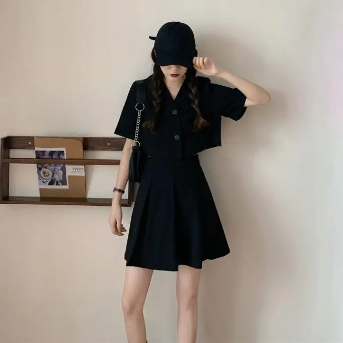 Summer New Korean Fashion Suit Women Set College Style Black Short-sleeved Short Paragraph Top Skirt Two-piece Set Matching Sets