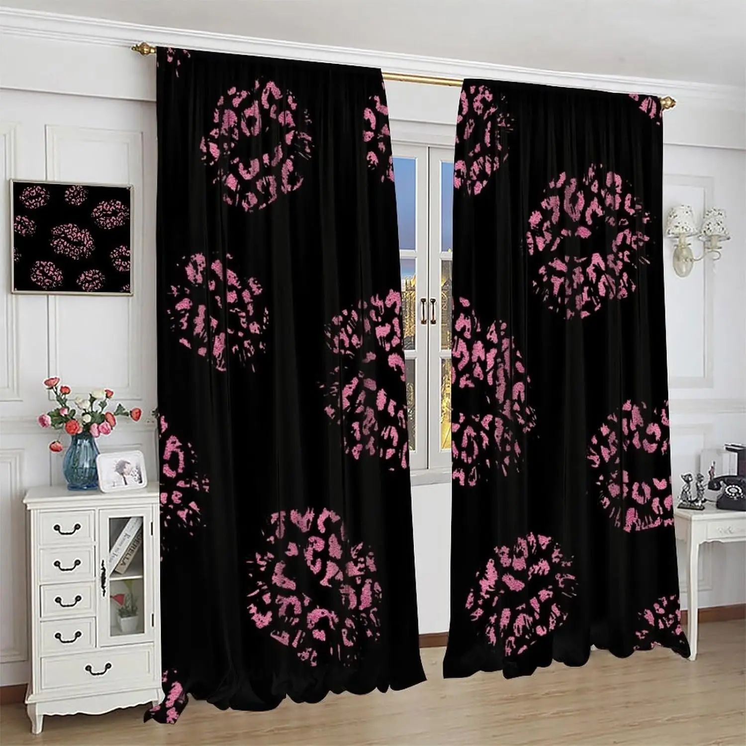 Pink Leopard Lips Fashion Curtain Valentine's Day Sexy Mouth Love Kiss Cheetah Animal Skin on Black Modern Printed Rod Pocket