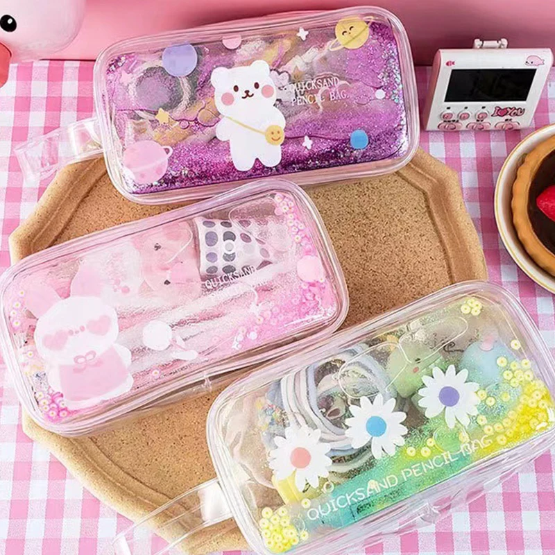 Cute Transparent Quicksand Pencil Bag Cartoon Bear Rabbit Stationery Bag Large Capacity Cosmetic Bag School Office Supplies