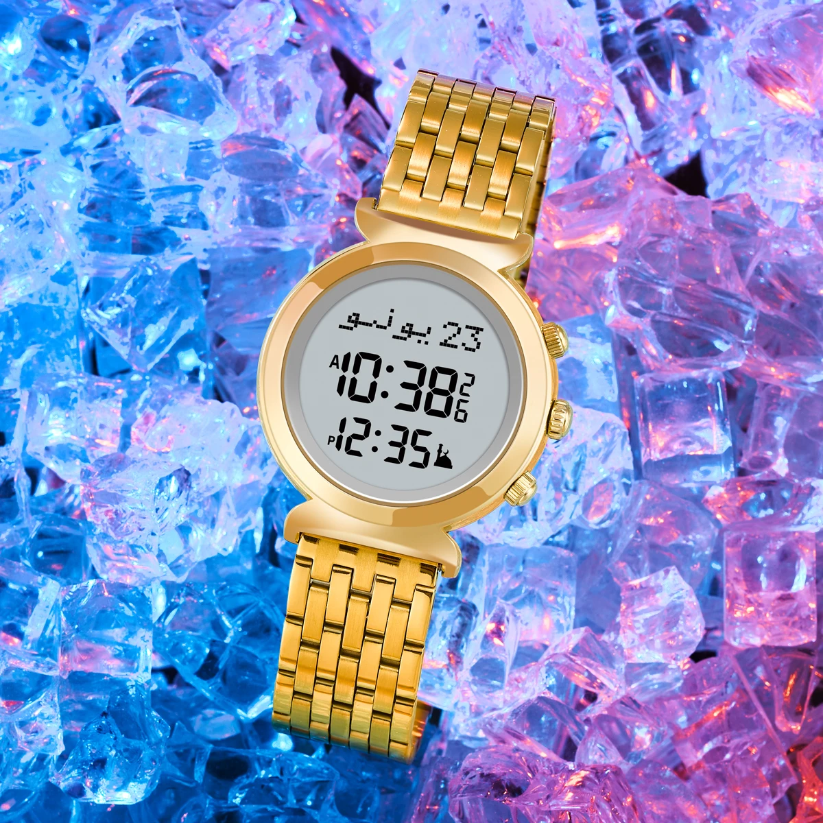 AL-FATIHA/AL SALAH Alloy Azan Watch Muslim Wristwatch With Backlight Hijri Calendar English Arabic Islamic WF-14