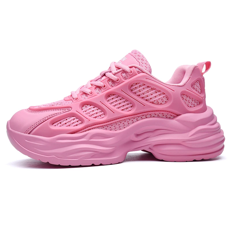 Lovers Shoes Clunky Sneaker Hollowed Out Retro Sneakers, Solid Color Thick Bottoming Sports Lace-up Running Shoes