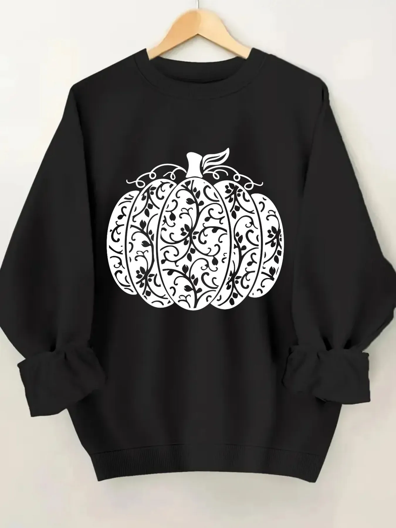 Women's Crew Neck Pullover Sweatshirt Ornate Pumpkin Design Design, Soft Casual Long Sleeve, Daily Casual Top Outfit, Winter Women's Clothing, Thanksgiving Outfit