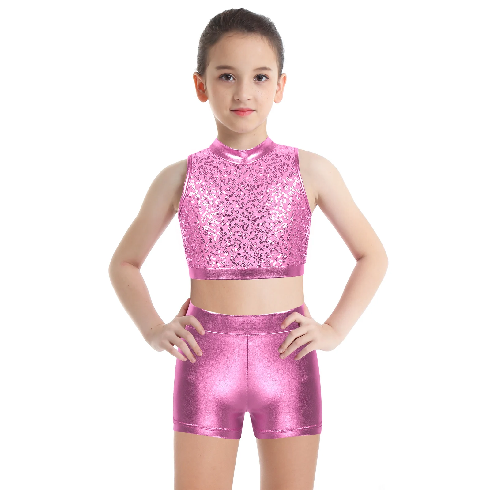 Girls Tap Hip Hop Jazz Dance costume Ballet Dancewear Shiny Sequins Sleeveless Cutout Back Crop Top with Metallic Bottoms Outfit