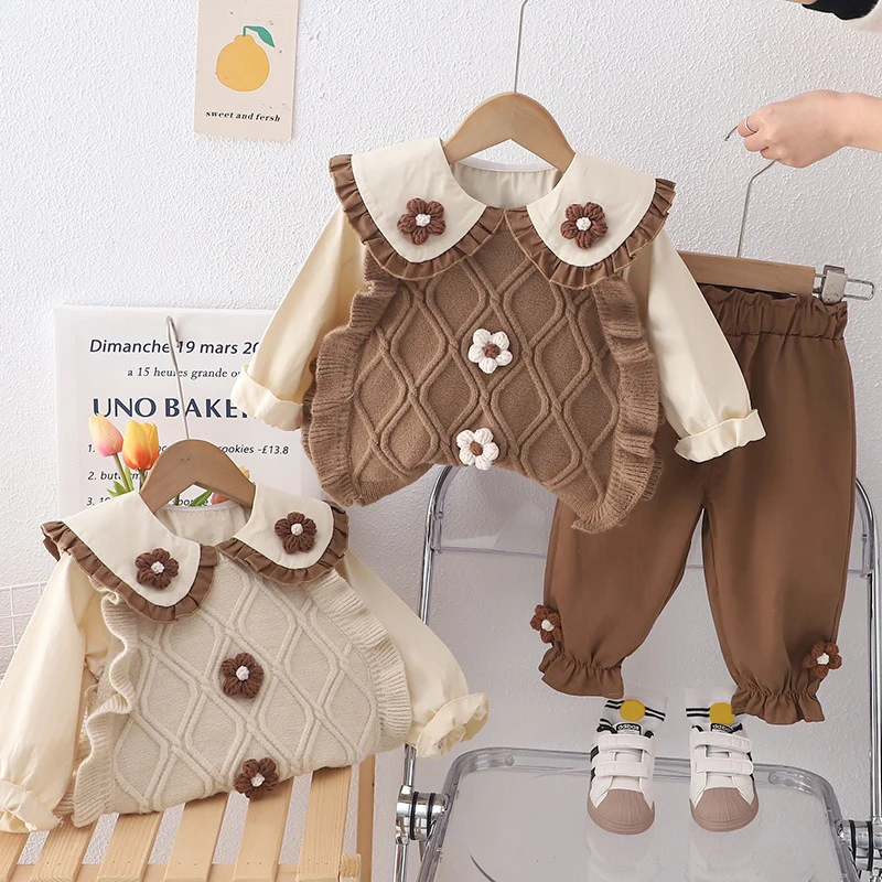 Spring Baby Girls Clothing Sets Children Knitted Vest Lace Shirt Pants 3 Pieces Suit Infant Floral Princess Clothes Kids Outfits