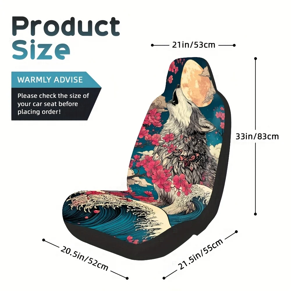 2pcs, Wolf Moon Cherry Blossom Waves Pattern Car Seat Covers, Compatible With Most Sedan And SUV Front Seats, Stylish Upgrade Fo