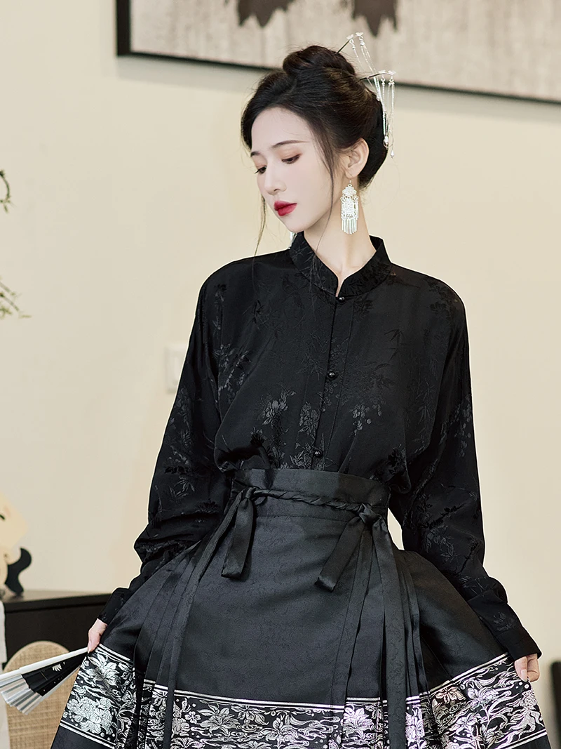 

Black Long Sleeve Shirt Women's New Chinese Style Smoke State Memory Floral Embroidery Design Spring Autumn New Model Shirt