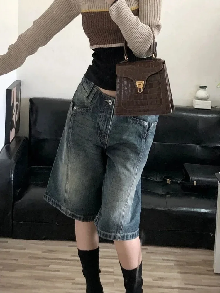 DEEPTOWN Y2K Vintage Denim Shorts Women Baggy High Waist Korean Streetwear Wide Leg Jorts Casual Oversize Washed Summer Jeans