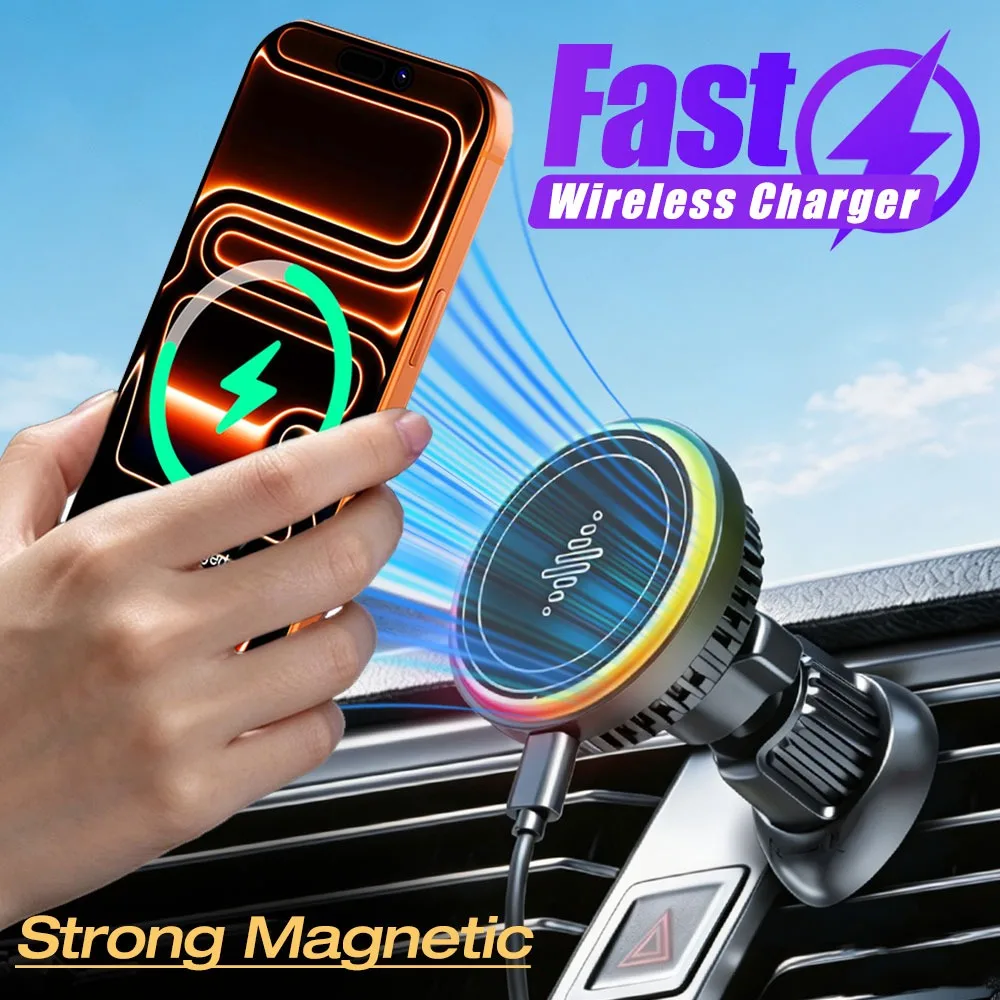 Car RGB TEC Magnetic Phone Holder Wireless Charger for iPhone 17 16 15 14 13 12 Fast Charging Air Outlet GPS Cellphone Bracket