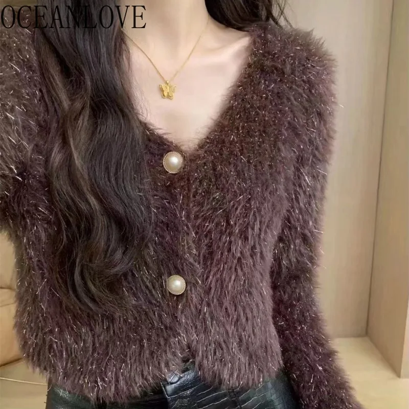 OCEANLOVE Short Cardigans Solid Lurex Mink Cashmere Autumn Winter Women Sweaters Korean Fashion Sweet Sueter De Mujer