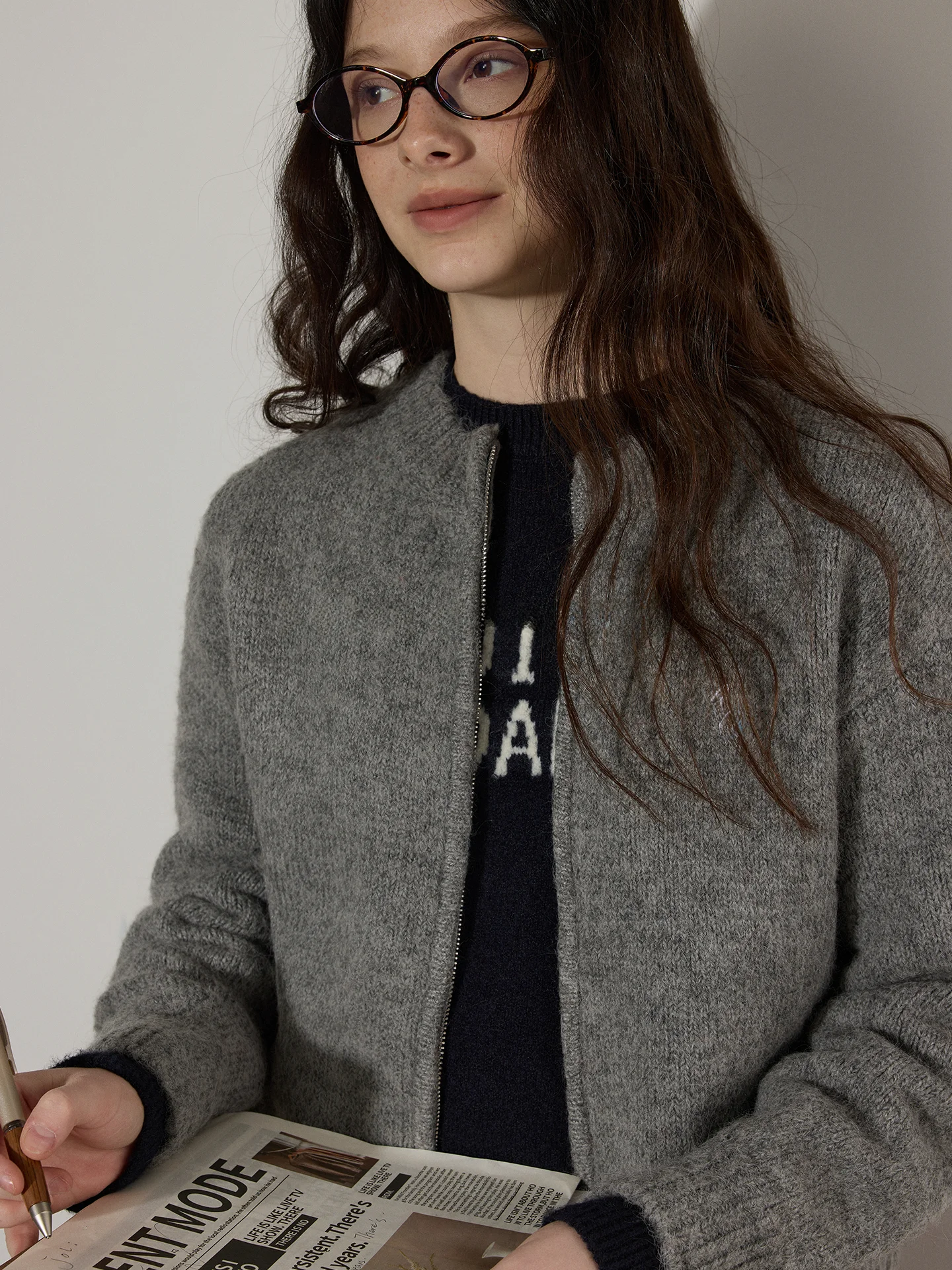 

Женский вязаный кардиган Lofi Choose свободного кроя с круглым вырезом, двойной молнией и вышивкой, повседневный свитер-пальто для осени и зимы