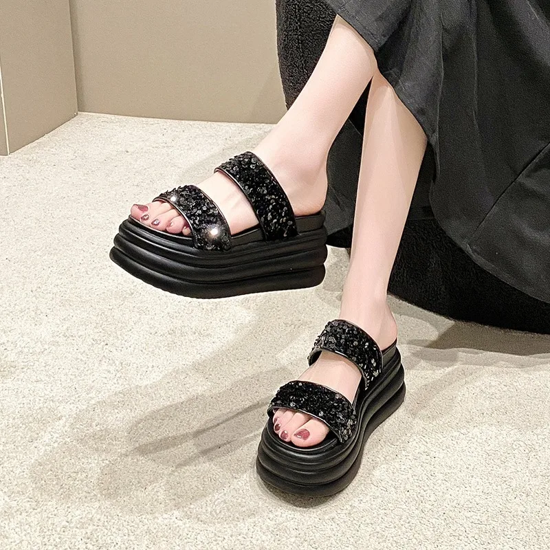 Summer Women Slippers Flip-Flops Ladies Beach Bling Chunky Shoes Wedge Heels Outside Sandals Woman High Platform Slippers 9CM