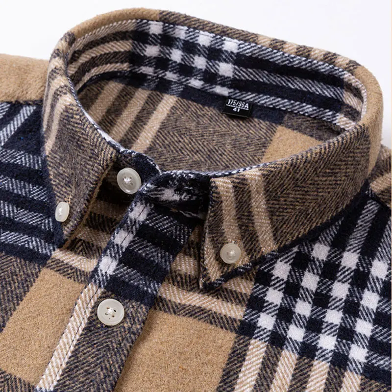 6XL 7XL Men\'s long sleeve shirt 100% cotton wool plaid fashion Spring and autumn solid color casual non-ironing high quality