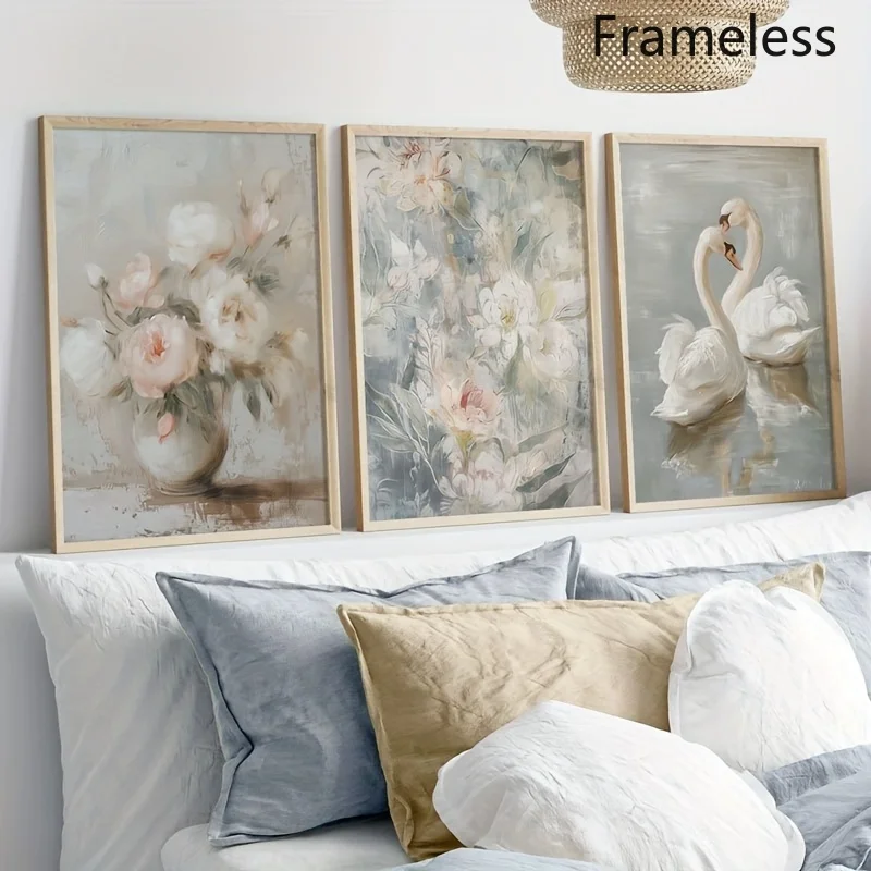（Noframe 3PCS)-2D Flat, 3pcs Pastel Swan Floral Botanical Wall Art Prints - Vertical Modern Minimalist Suitable for Living Ro