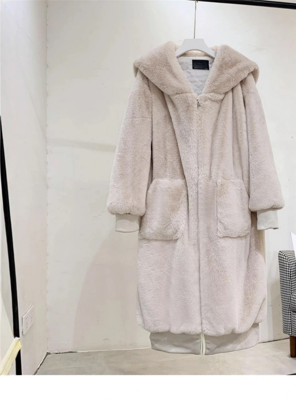 Płaszcz damski z luźnym krojem, gruby, z kapturem, średniej długości do długiego, z bawełną, styl jesienno-zimowy, 2025.