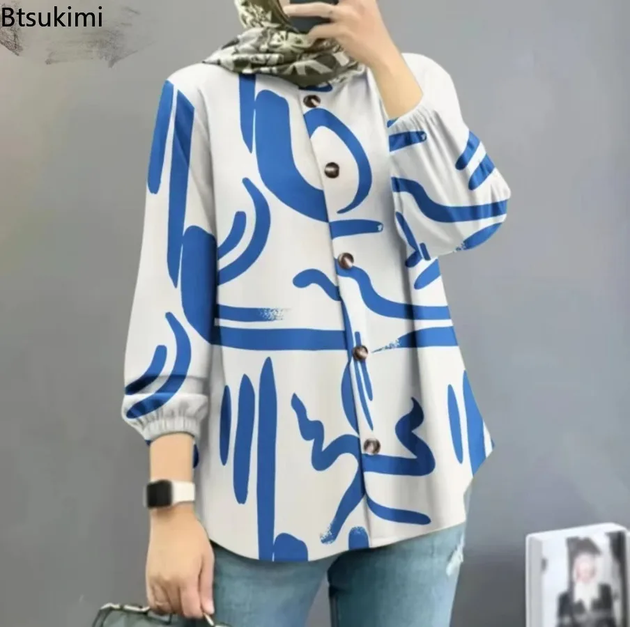 2024 Women Fashion Muslim Blouse Spring New Long Sleeve Print Shirt Retro Casual Tops Turkey Abaya Hijab Islamic Clothing Female