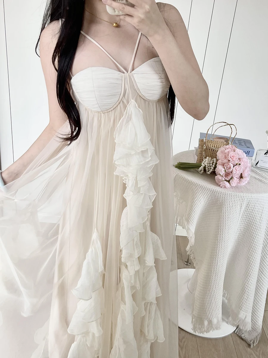 Reddachic fairycore chiffon flowy vestido feminino de uma peça plissado em camadas camisola espartilho maxi vestido longo verão vestido de festa de casamento