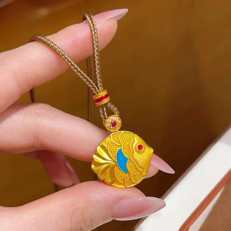 Luxury 100% Real 24K Gold Tropical Fish Pendant Necklace, Cloisonn Enamel Filigree Inlay, Chinese Vintage Trend
