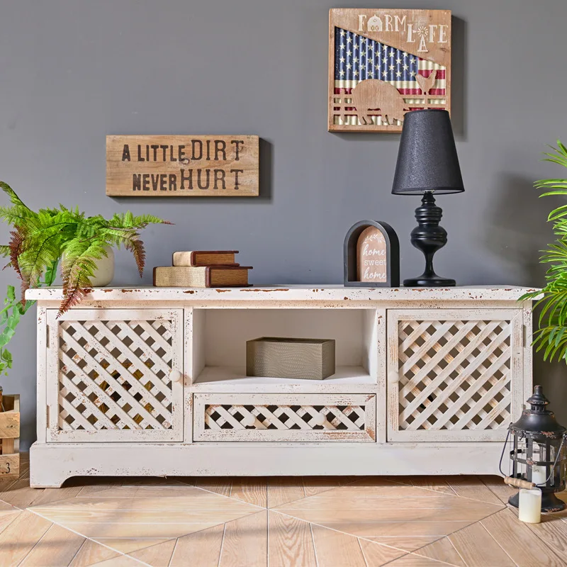 

American solid wood hollow retro grid TV cabinet simple living room occlusion storage multi-functional cabinet pull-out drawer