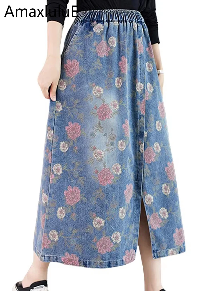 

Amax luluE 2025 Autumn Womens Fashion Elegant Floral Denim Skirts Ladies Casual Vintage Printed Clothes Classic Loose Streetwear