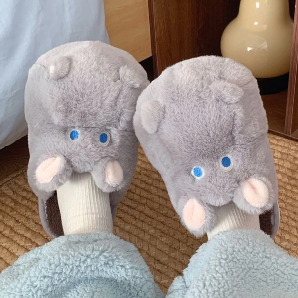 Inverno donna carino casa pantofole di peluche cartone animato ippopotamo caldo fodera in pelliccia sintetica soffice accogliente piatto antiscivolo