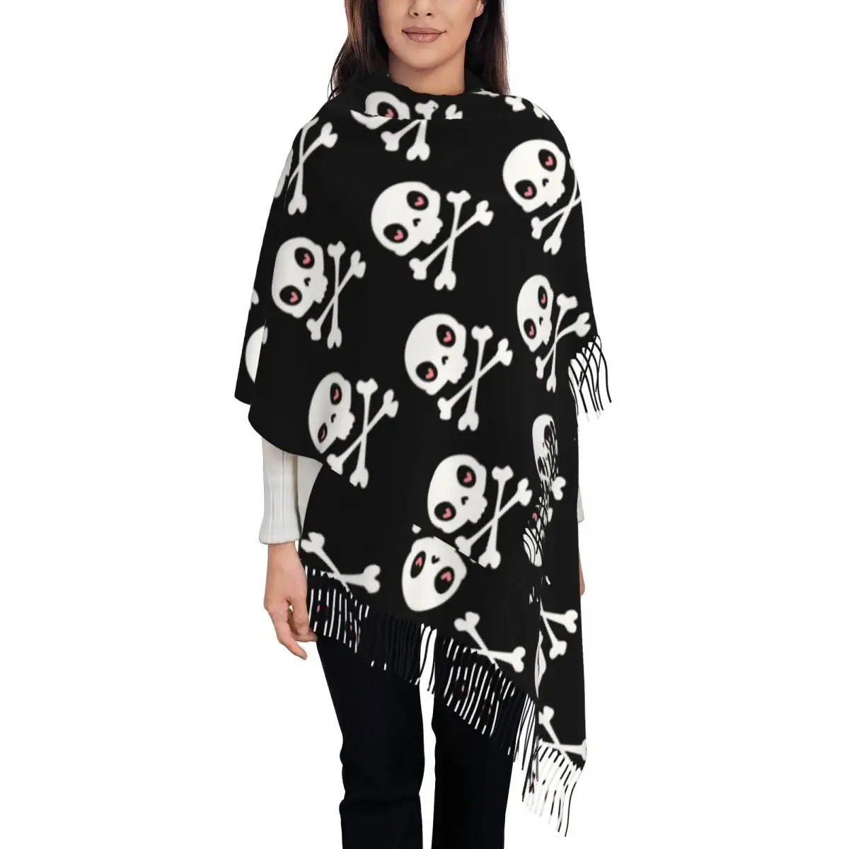 Women Scarf with Tassel Halloween Horror Long Soft Warm Shawl and Wrap Cartoon Skull Bone Flag Daily Wear Cashmere Scarf