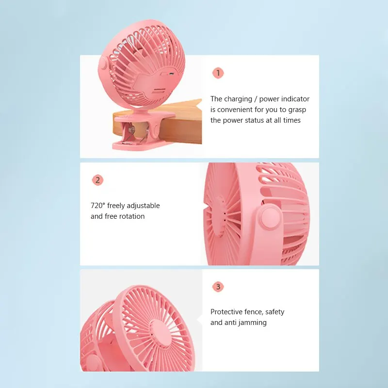 Kipas angin Desktop USB portabel, klip kipas angin Mini 5000/10000mAh dapat diisi ulang, rotasi 720 derajat, 5 kecepatan dapat disesuaikan