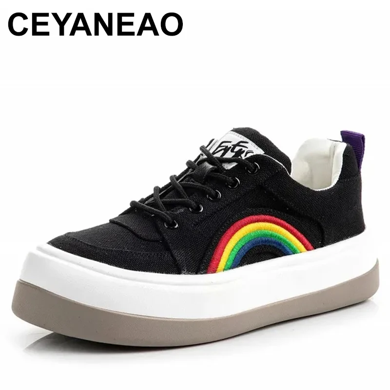 Casual Canvas Thick Bottom Rainbow Women Shoes Fashion Flat Heel Mixed Color Sweet Designer Female Sneakers Lace Soft Trainers