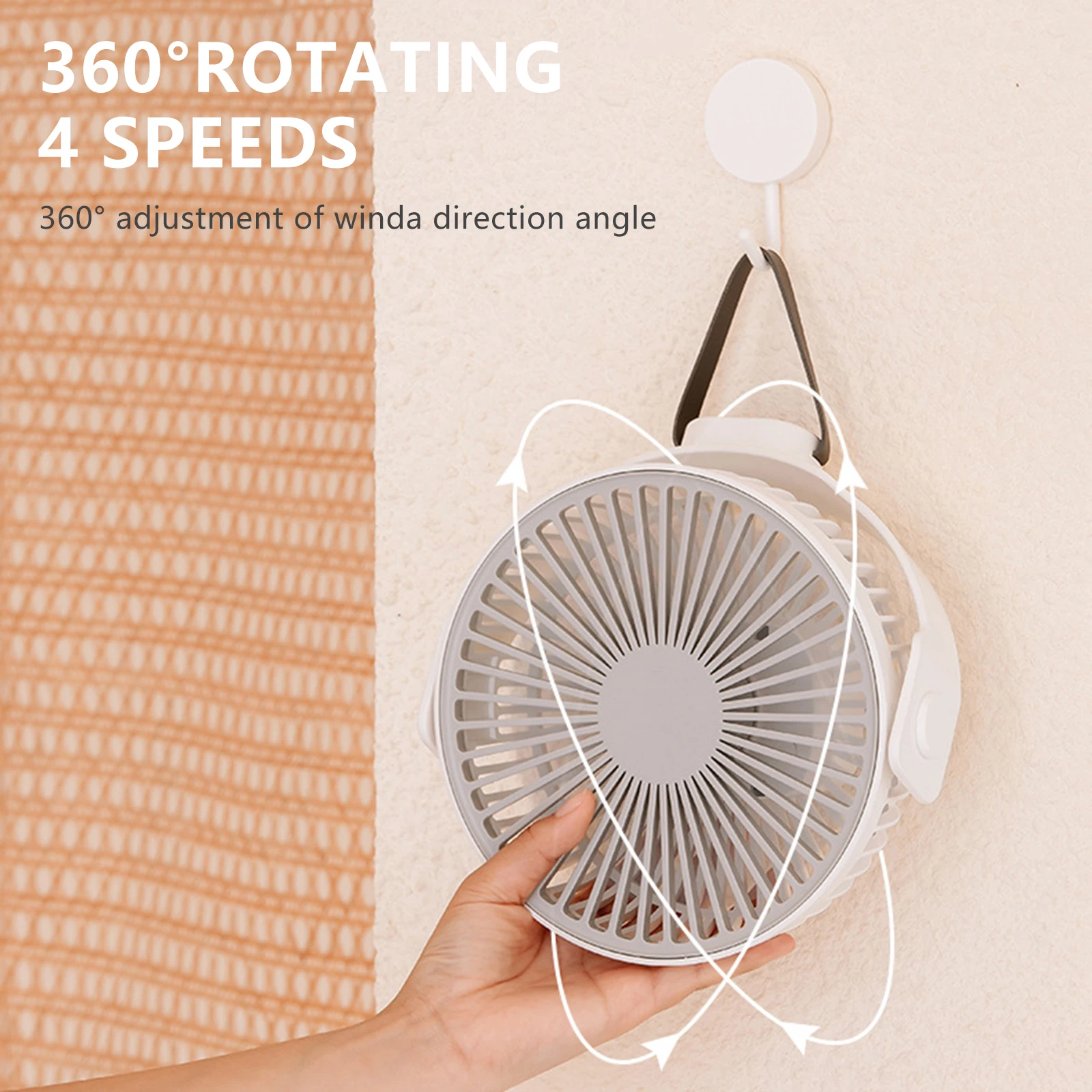 1200mAh Camping Fan 3 Speeds Portable Rechargeable Battery Operated with Hanging Lanyard for Desktop Camping Tent