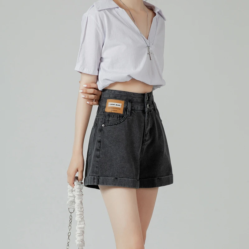 Grey High Waist Denim Shorts Women Summer Thin Loose Slim A-Line Cuffed Super Short Hot Pants Vintage Style Spring Summer