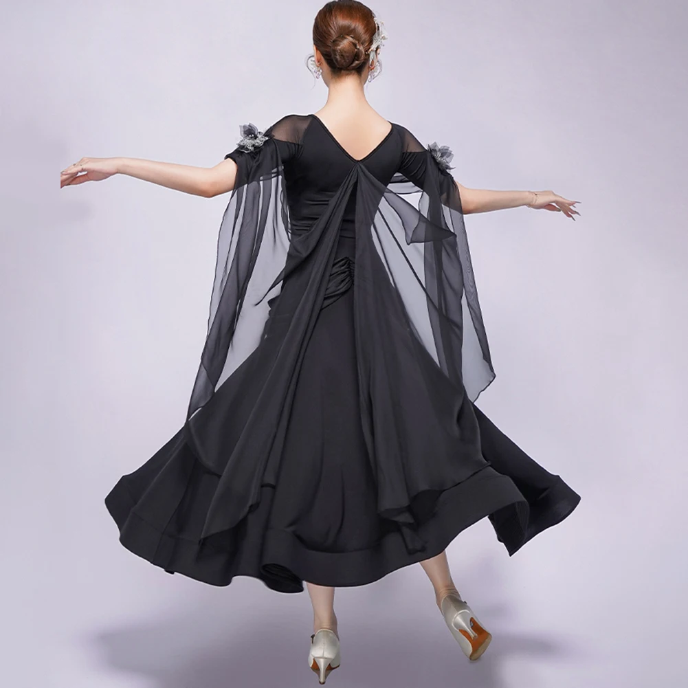 블랙 왈츠 드레스 새로운 스타일 볼룸 댄스 경연 대회 연습복 반팔 흰색 스트랩 연습 성능 슈트