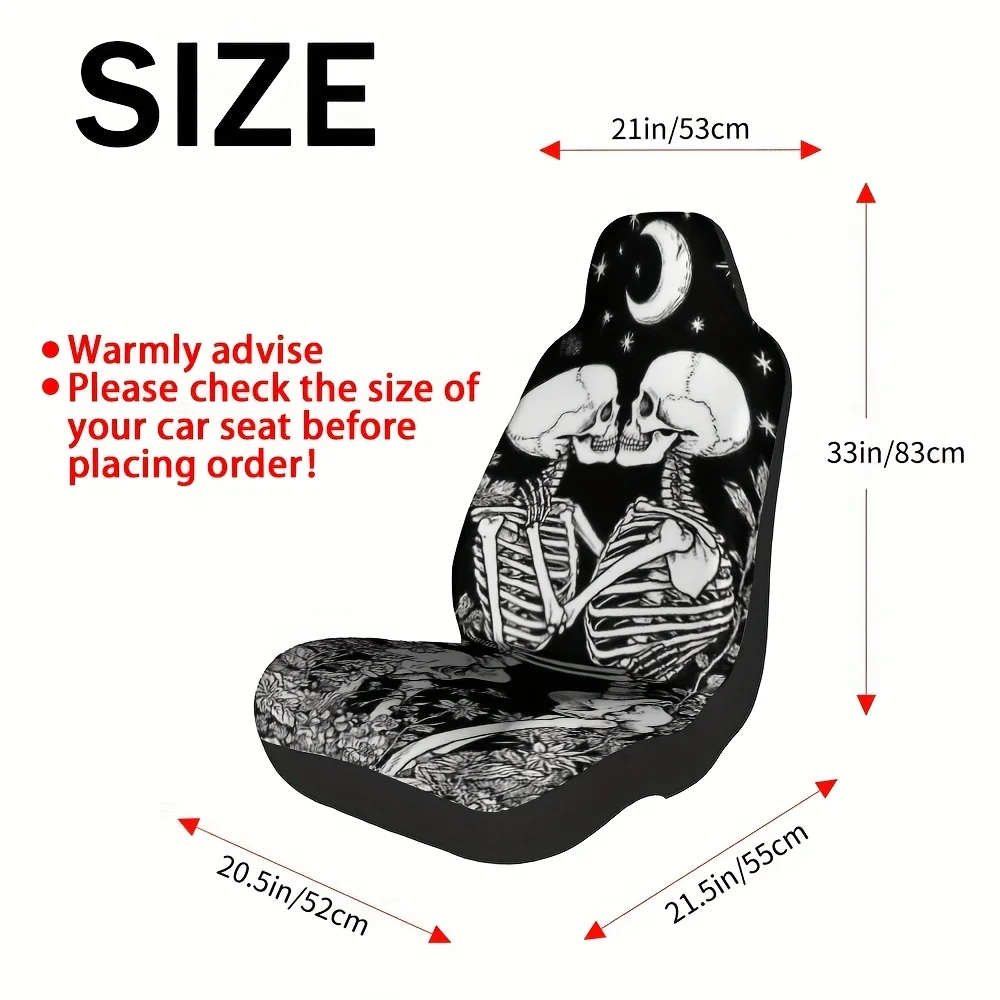 2pcs, Couple Skeleton Moon Romance Pattern Front Seat Covers, Stylish Auto Accessory Gift For Holidays, Machine Washable For Has