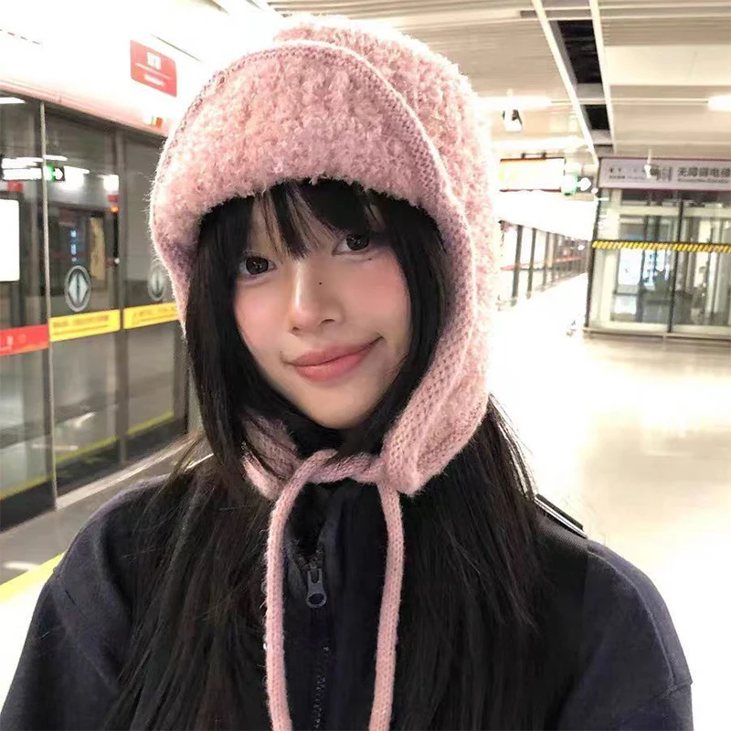 قبعات نسائية من الصوف الدافئ للخريف والشتاء، قبعات صوفية محبوكة مع حماية للأذن، مصنوعة لمقاسات الرأس الكبيرة