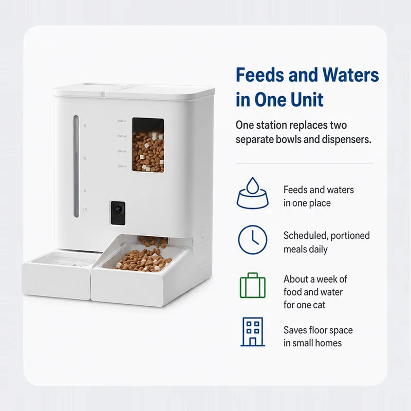 Automatic Cat Feeder and Water Dispenser 2-in-1, 4L plus 5L Large Capacity for Travel, Jam-Free with App Control 300W Camera