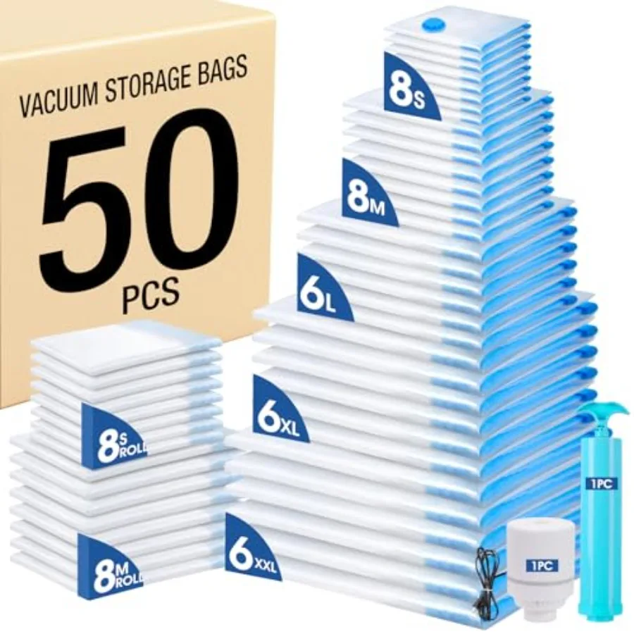 

Набор из 50 вакуумных пакетов для хранения (5 размеров) + 2 рулонных пакета (по 8 штук) для экономии места, для одежды, с 1 электрическим насосом и 1 ручным насосом
