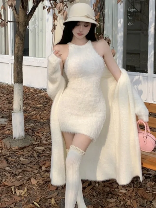 

Женский комплект из 2 предметов с юбкой, укороченная мини-облегающая юбка из белого норкового флиса, вязаный кардиган с длинными рукавами, модный женский зимний наряд