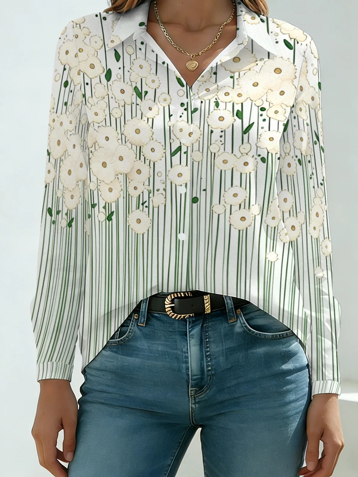 Soft Minimal Linear Flower Womens Collared Shirt White Base Green Vertical Stripe Daisy Allover Print Long Sleeve Gentle Dating