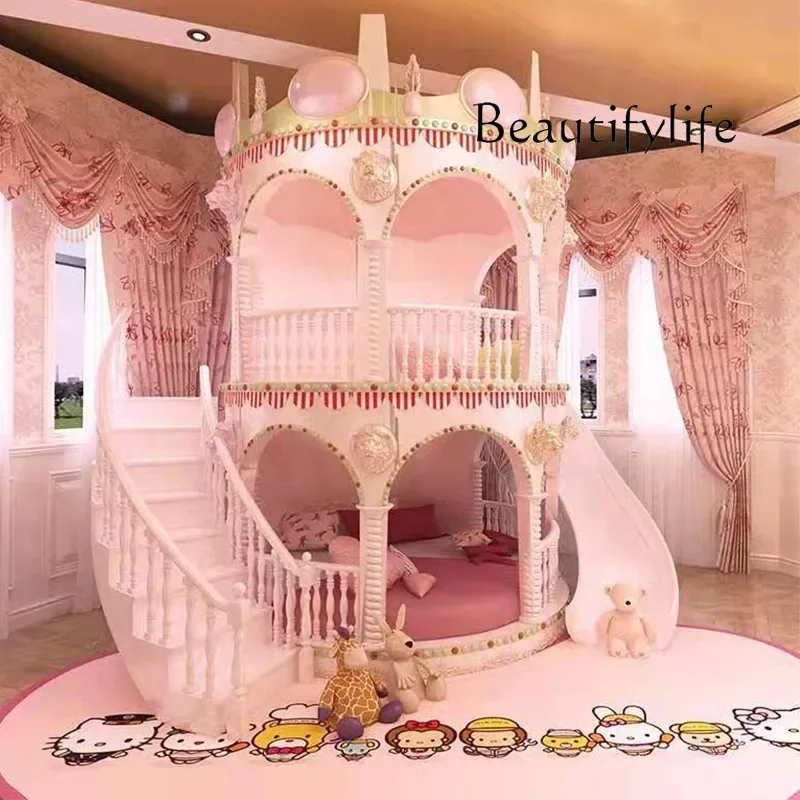 

J X Normal Double Decker Kids Beds Decoration Safety Modern Slide Castle Kids Bed Princess Playpen Cama Infantil Furniture Home