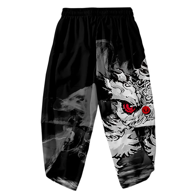 Japanese Thin Pants Women Men White Harem Pants Loose Elastic Waist Chinese Style Lion Dance Print Cosplay Trousers