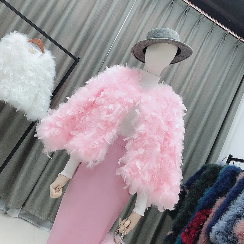 Winter Ostrich Feather Turkey Fur Coat For Women Korean Fashion Full Sleeve Thickened Pluffy Fur Jacket Short Outwear Lady Y3465