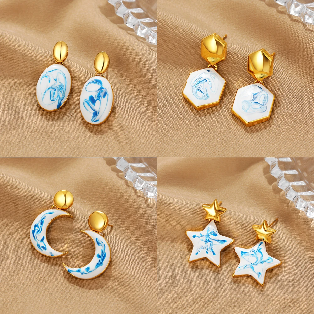 Pendiente de gota de aceite de aro con forma redonda de estrella y Luna geométrica esmaltada de flor creativa para mujer moda gota de porcelana azul y blanca judía