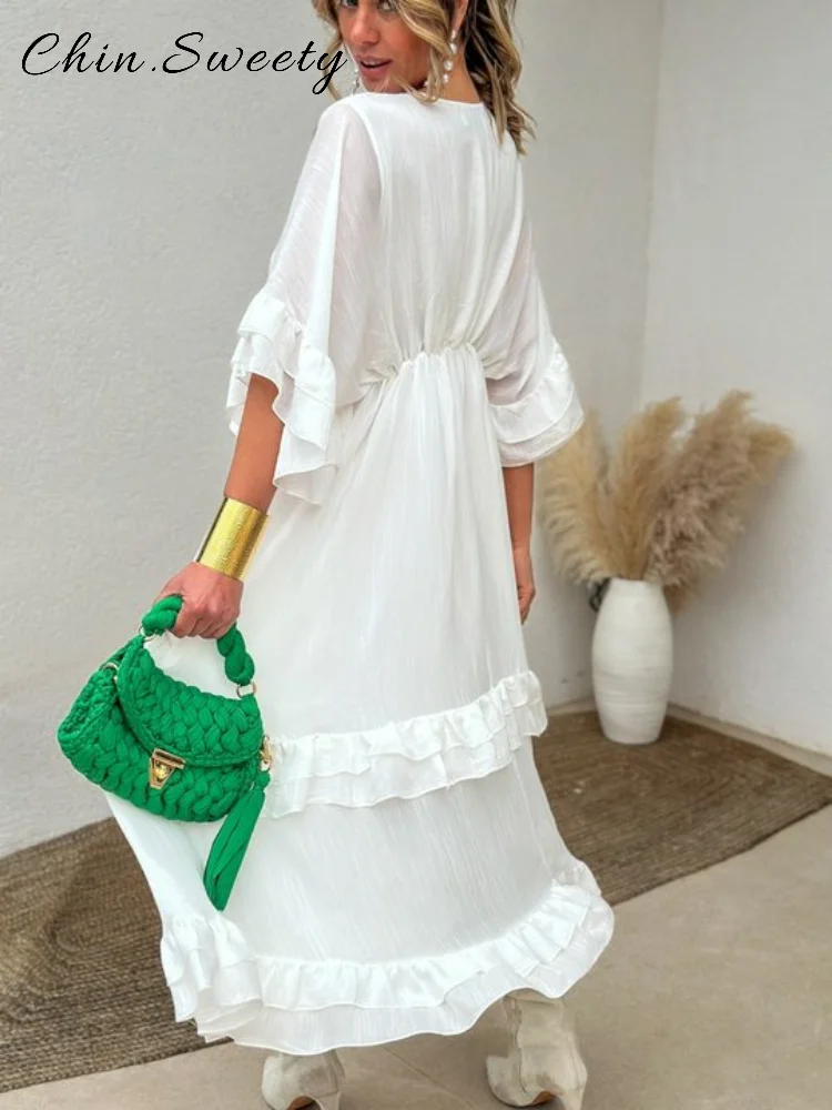 Elegant Rufflesชุดจีบยาวผู้หญิงหลวมVคอครึ่งแขนRuchedชุด 2025 ฤดูใบไม้ผลิฤดูร้อนLady Vacation Robeใหม่