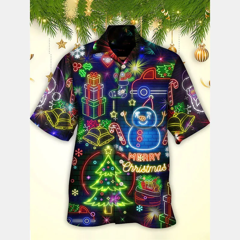 

3D Print Neon Theme Christmas Tree Graphic Hawaiian Shirts New Year Merry Christmas Short Sleeve Button Shirt Xmas Trend New Tee