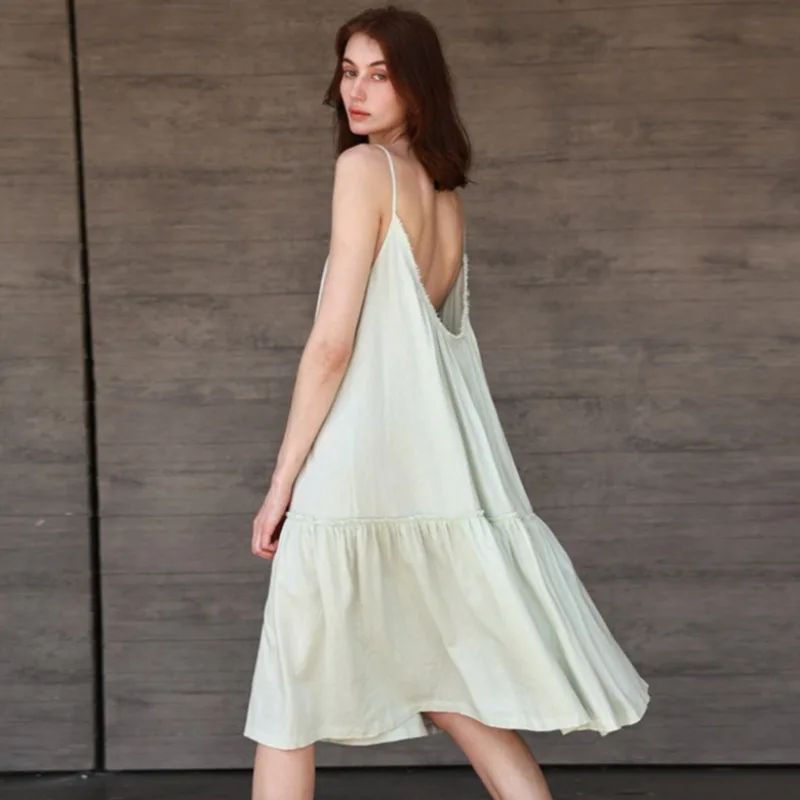 French-Style Backless Linen Spaghetti Strap Vacation Dress for Women Summer New Ruffled Round Neck Casual Loose Midi Dresses