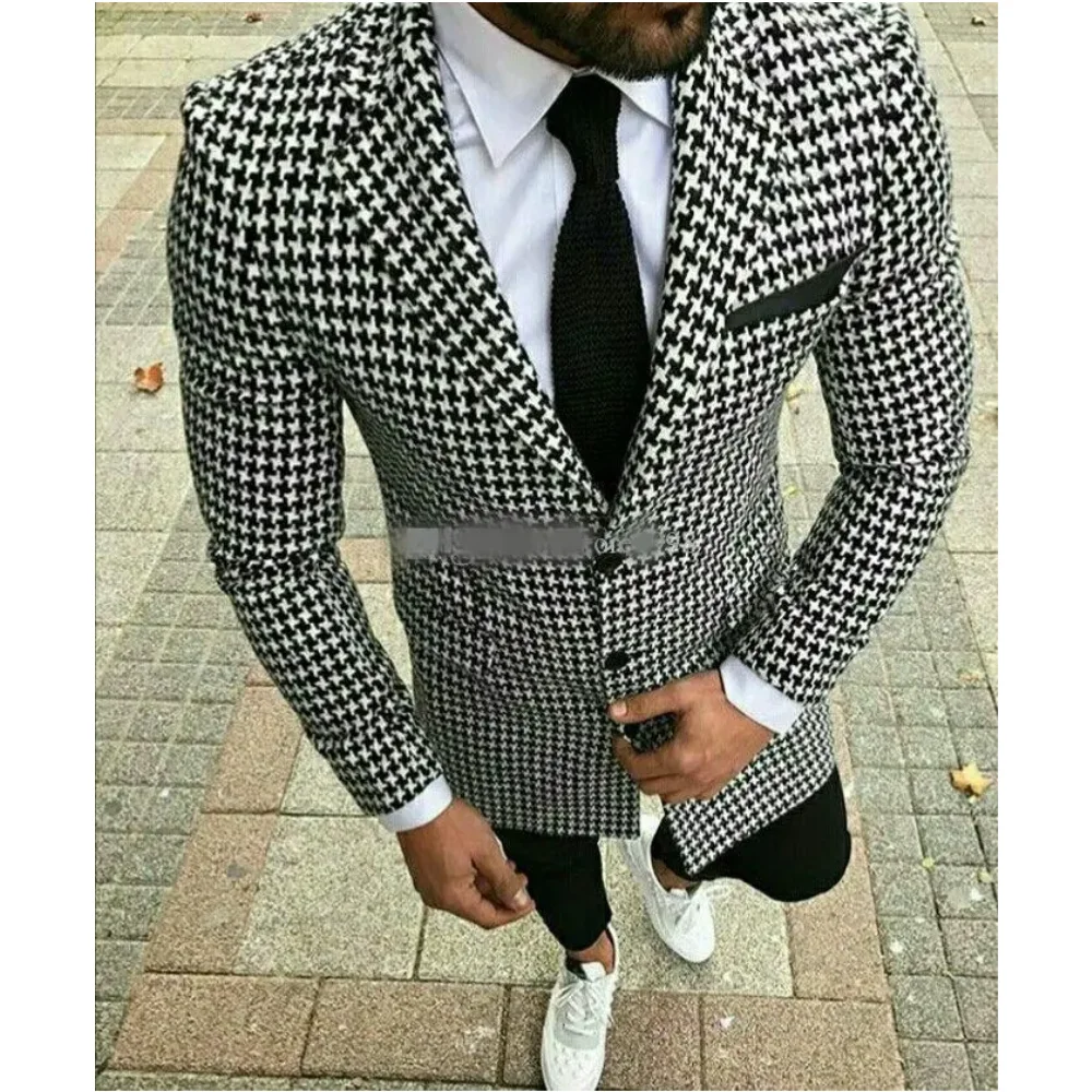 

New Arrival Houndstooth Men's Blue Double Breasted Slim Fit Men's Blazer Party 2 Piece Jacket+Pant Wedding Groom Peak Lapel Suit