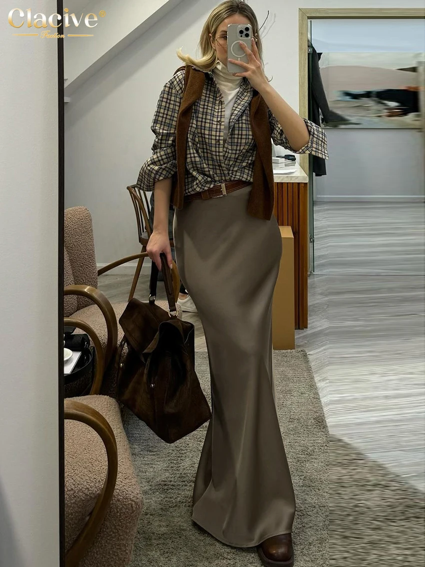 Clacive Fashion Loose Brown Satin Skirts For Women Elegant High Waist Long Skirt Casual Classic Solid Skirt Female Clothing