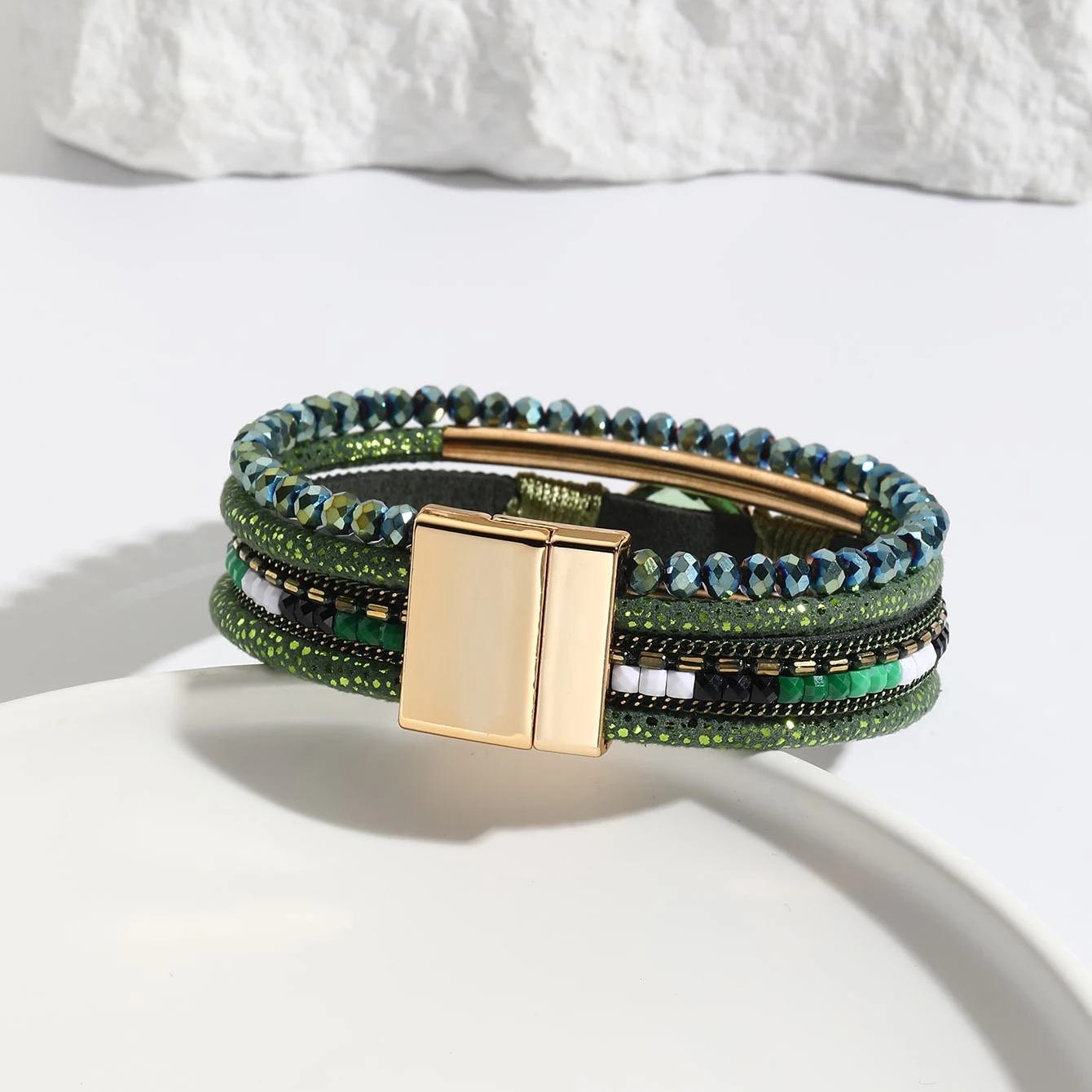 Amorcome Bohemian Leather Wrap Bracelets Boho Crystal Beads Cuff Stone Charm Bracelets Magnet Clasp Jewelry for Women Men Gift